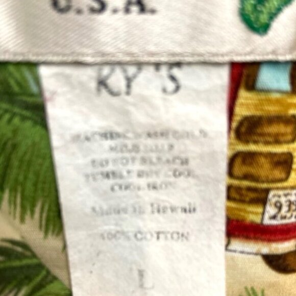 Vtg KY's Hawaiian Shirt Men's L Tropical Wood Panel Cars Surf Boards Palm Trees - Picture 4 of 7